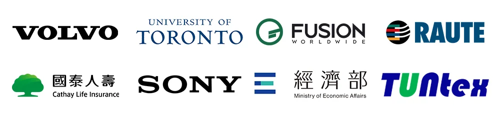 Logos of Volvo, University of Toronto, Fusion Worldwide, Raute, Cathay Life, Sony, Taiwan's Ministry of Economic Affairs and Tuntex. Copy