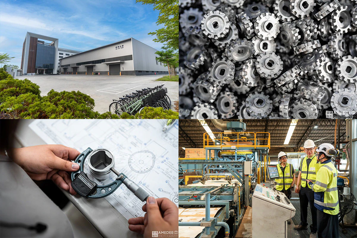 Industrial photography in Taiwan featuring a factory exterior, precision metal components, quality inspection and manufacturing operations.
