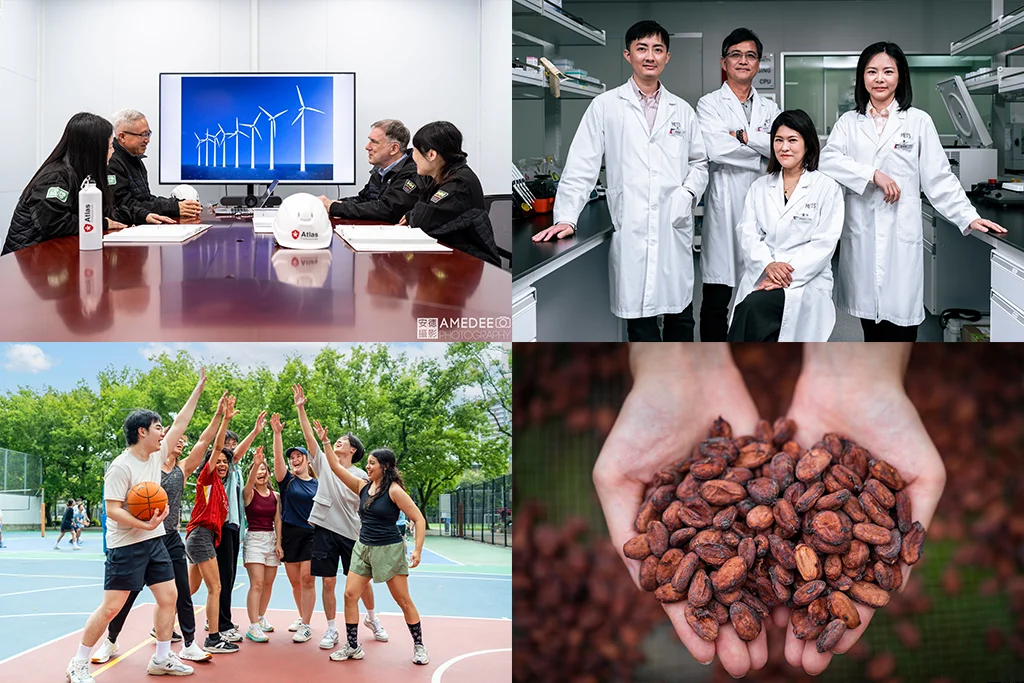 Corporate video portfolio featuring a wind energy business meeting, laboratory team, university sports scene and cocoa production imagery.