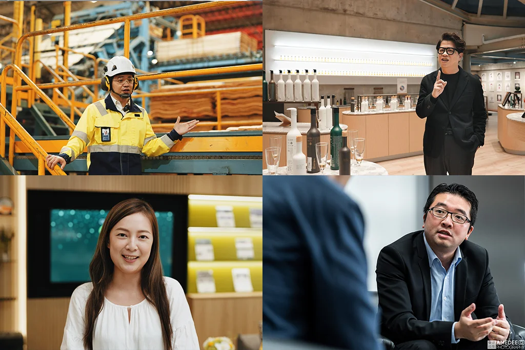 Corporate video interviews featuring a factory representative, showroom presenter and business professionals speaking in workplace settings.