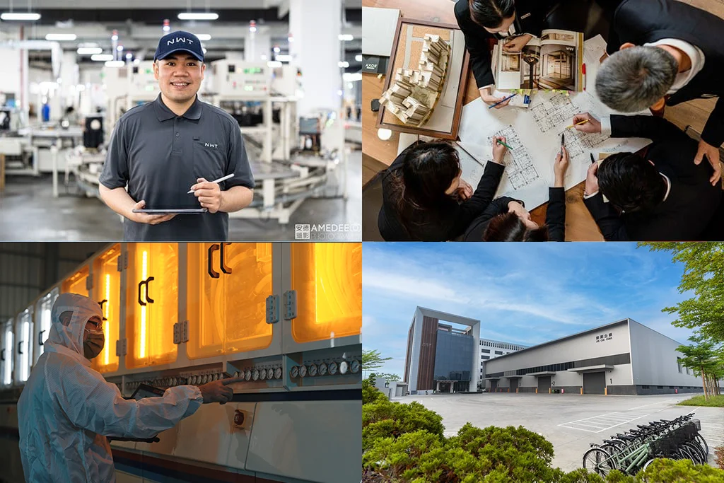 Corporate video production portfolio featuring a factory employee, business planning meeting, industrial operations and modern company facilities in Taiwan.