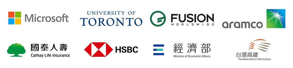 Logos of Microsoft, University of Toronto, Fusion Worldwide, Aramco, Cathay Life Insurance, HSBC, Taiwan Ministry of Economic Affairs and Taiwan High Speed Rail.