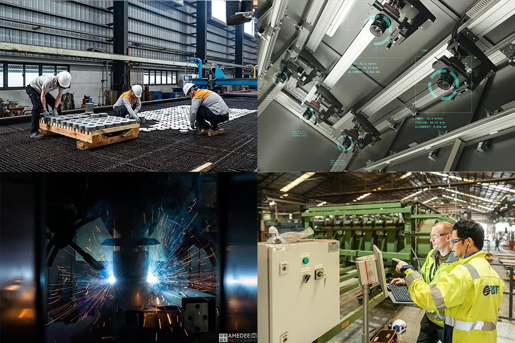 Industrial video production showing metal manufacturing workers, automated inspection machinery, welding operations and engineers working in a factory.