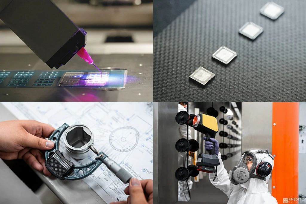 Product and technology video production featuring semiconductor processing, electronic chips, precision measurement and industrial inspection.