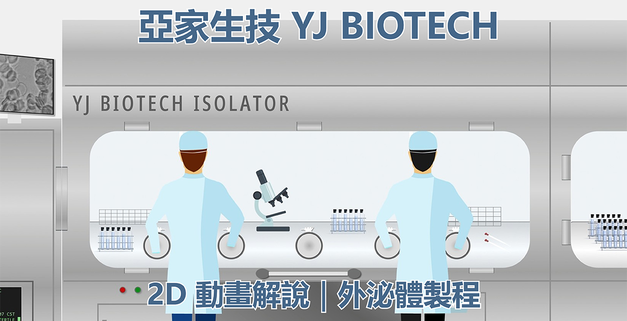 亞家生技 YJ Biotech|外泌體 2D 動畫解說與展覽影片製作 亞家生技 YJ Biotech 外泌體 2D 動畫解說影片封面,以動畫示意外泌體製程與生物科技技術