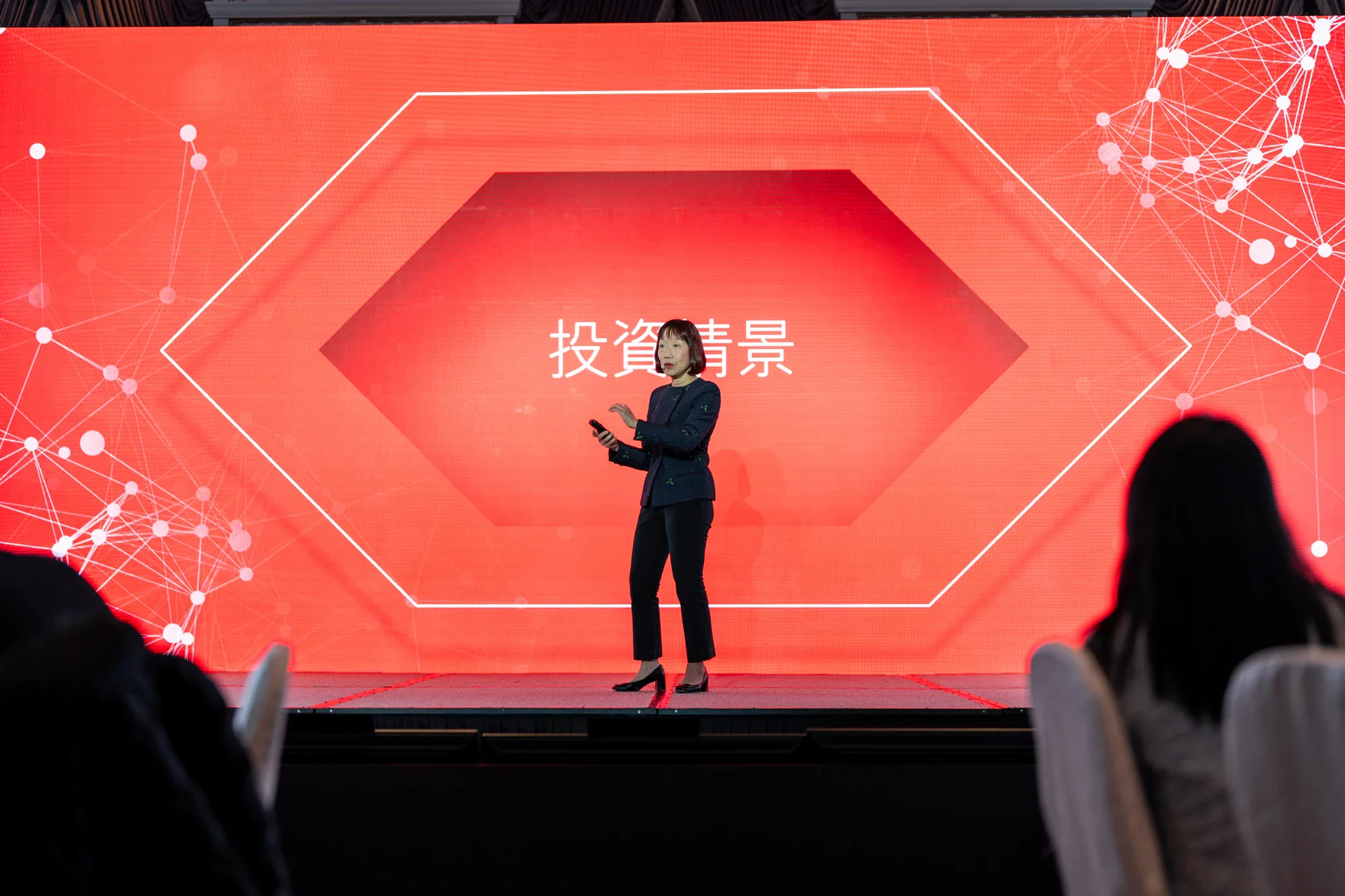滙豐投資展望|舞台主題投影 舞台大螢幕顯示紅色「投資願景」主題視覺,一名講者站在下方